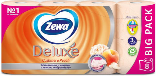 ZEWA  DELUXE туалетная бумага 3-слойная 8 рулонов ПЕРСИК