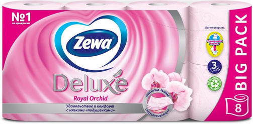ZEWA DELUXE туалетная бумага 3-слойная 8 рулонов ОРХИДЕЯ